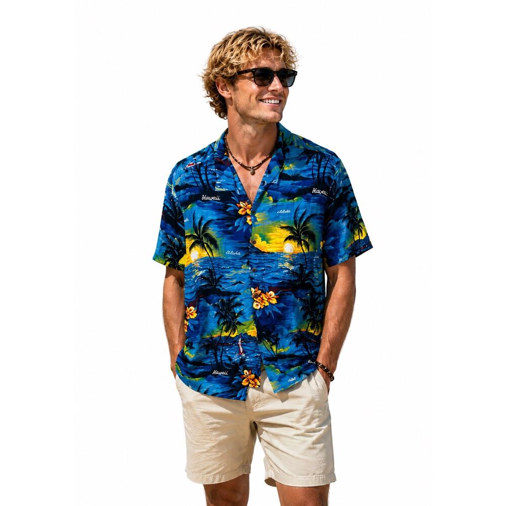 ALOHA HUT Blue Yellow Vintage Hawaiian Mens Button Down Ocean View Shirt sz L